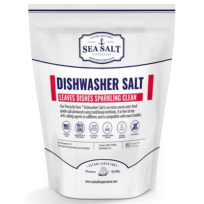 Dishwasher Salt - All-Natural Water Softener Salt for a Clean Finish - Compatible with Bosch, Miele, Thermador, Whirlpool Dishwashers and More - Food-Grade Coarse Sea Salt (5 lb Bag)