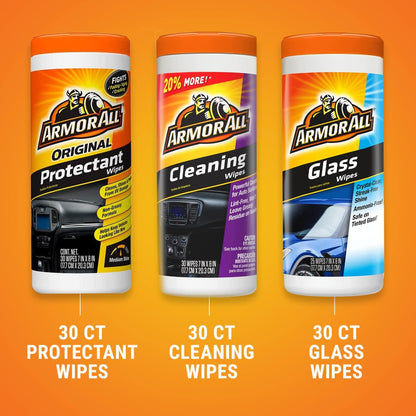 Armor All Car Wipes Multi-Pack by Armor All, Cleans Vehicle Interior and Exterior, Includes All Protectant Wipes, Armor All Glass and Armor All Cleaning Wipes, 3-Pack, 30 Wipes Each