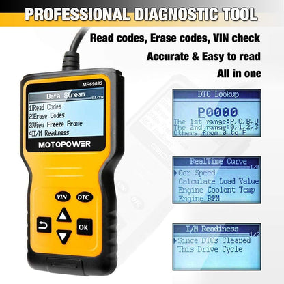 MOTOPOWER MP69033 Car OBD2 Scanner Code Reader Engine Fault Scanner CAN Diagnostic Scan Tool for All OBD II Protocol Cars Since 1996, Yellow