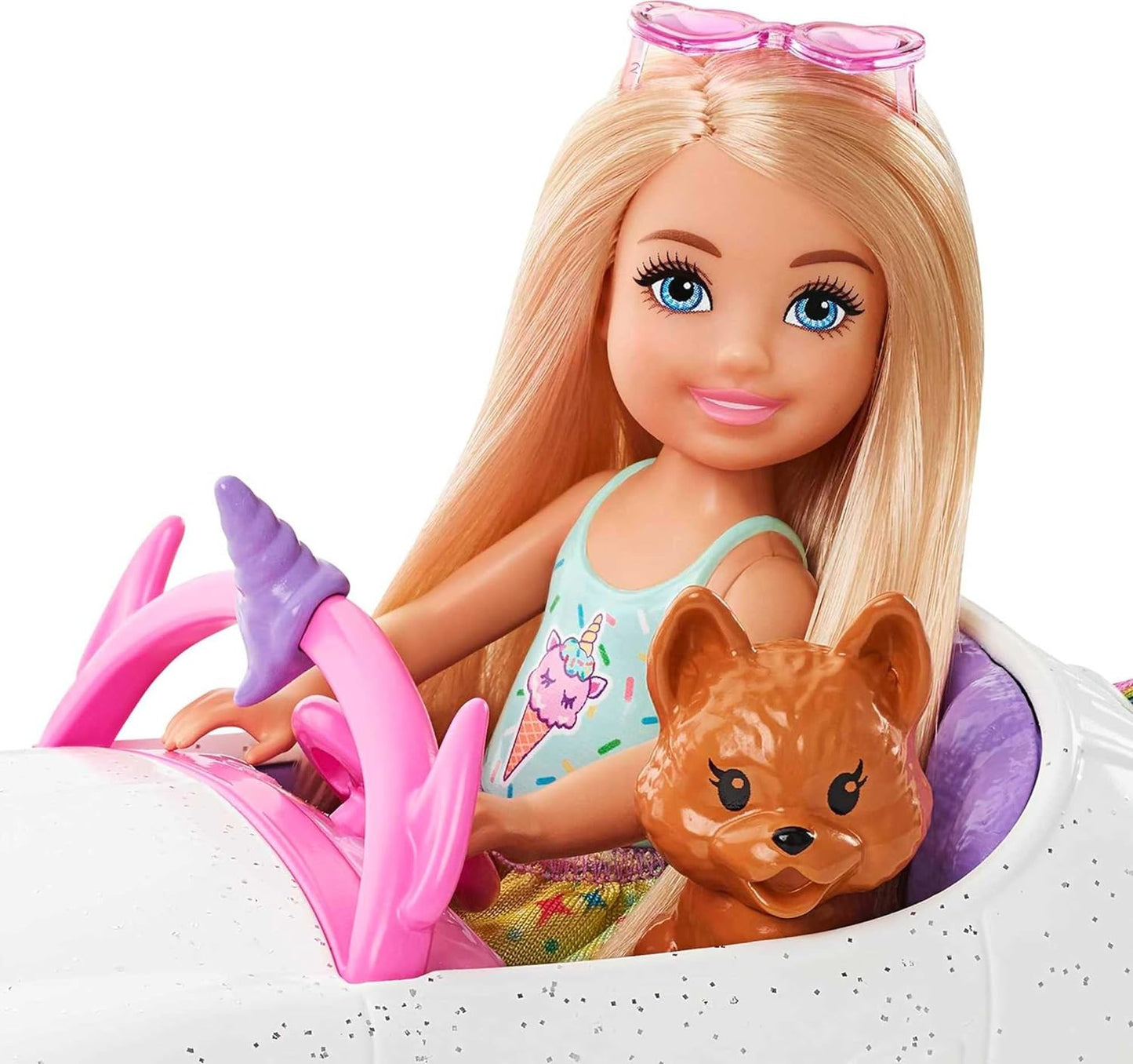 Barbie Club Chelsea Doll (6-inch Blonde) with Open-Top Rainbow Unicorn-Themed Car, Pet Puppy, Sticker Sheet & Accessories, For 3 to 7 Year Olds