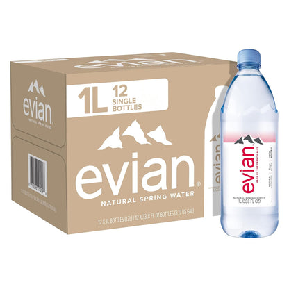 evian Natural Spring Water, Naturally Filtered Spring Water in Large Bottles, 33.81 Fl Oz (Pack of 12)