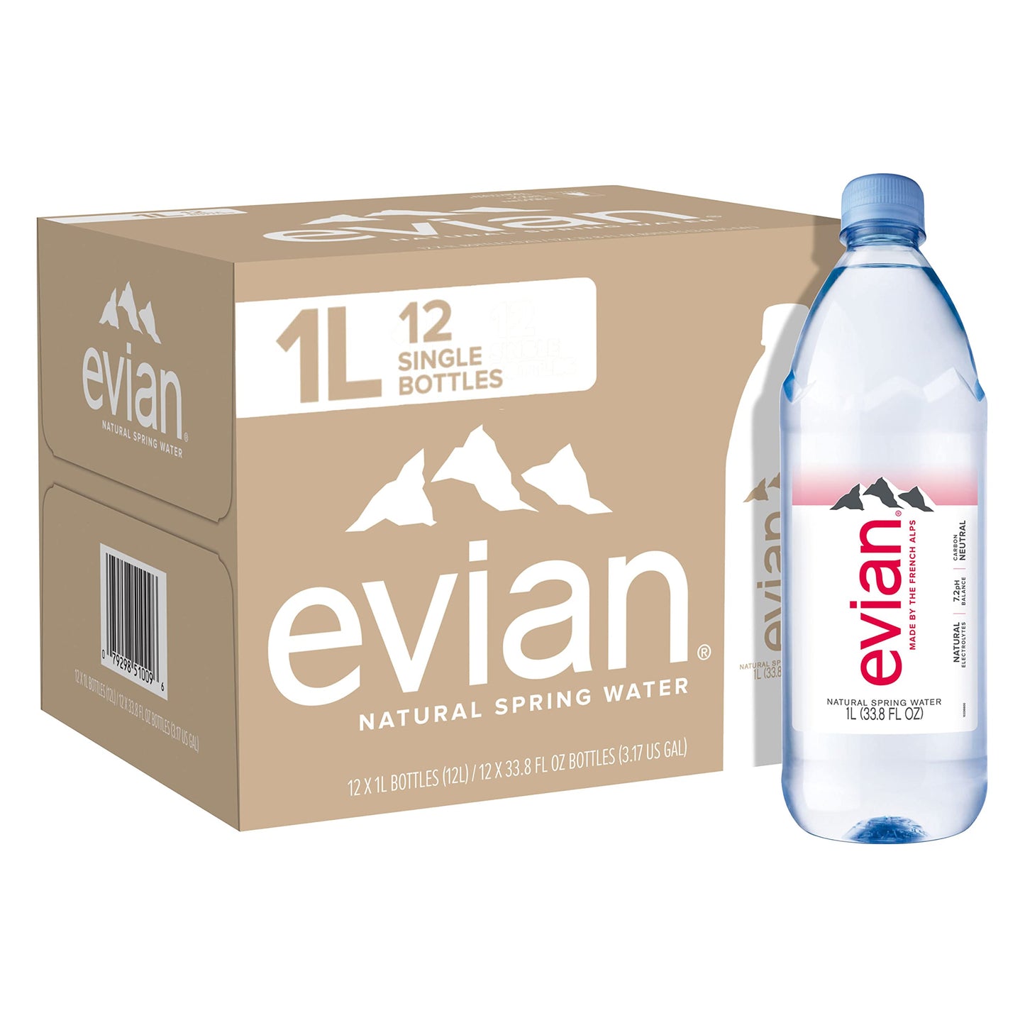 evian Natural Spring Water, Naturally Filtered Spring Water in Large Bottles, 33.81 Fl Oz (Pack of 12)