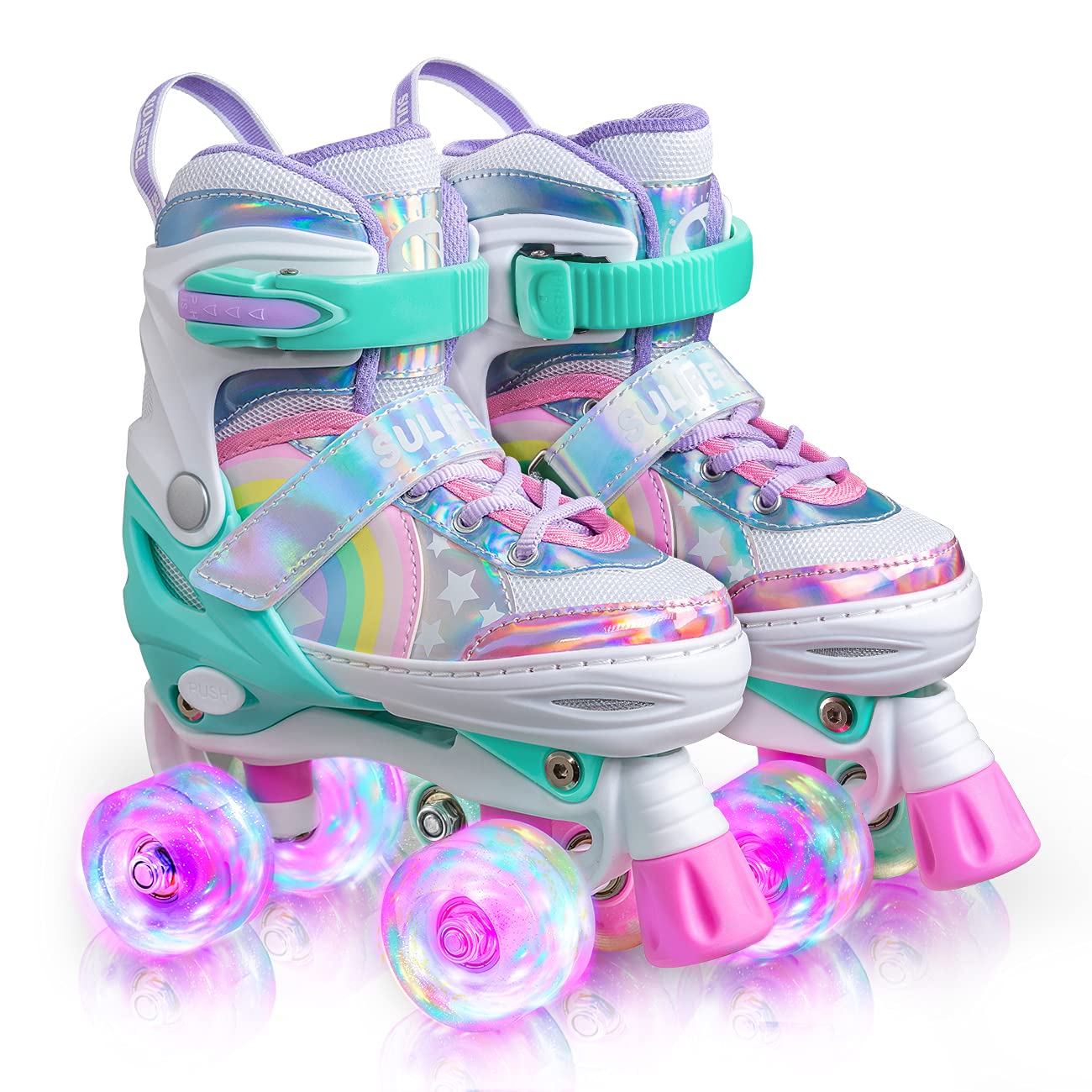 SULIFEEL Rainbow Unicorn 4 Size Adjustable Light up Roller Skates for Girls Boys for Kids