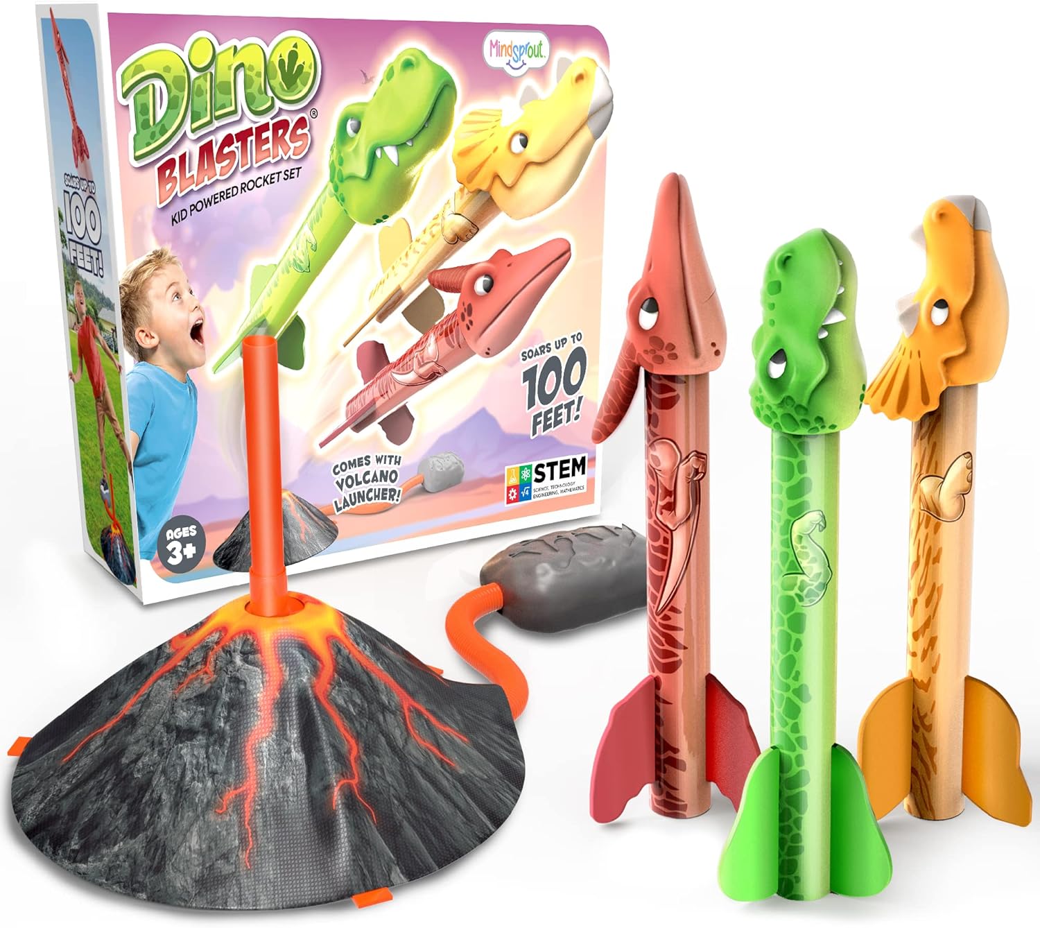 MindSprout Dino Blasters, Rocket Launcher for Kids - Launch up to 100 ft. Birthday Gift, for Boys & Girls Age 3, 4, 5, 6, 7, Years Old - Outdoor Toys, Family Fun, Dinosaur Toy, Kids Toys