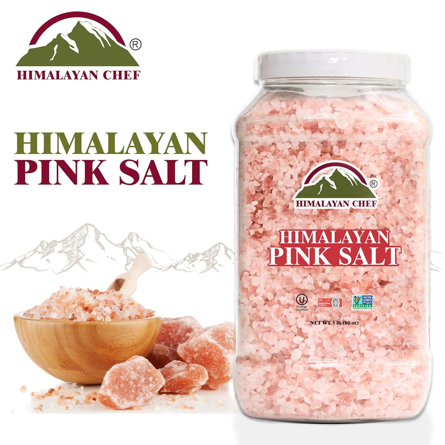 Himalayan Chef Pink Himalayan Salt Coarse Grain, Plastic Jar - 5 lbs. For Refill Grinders