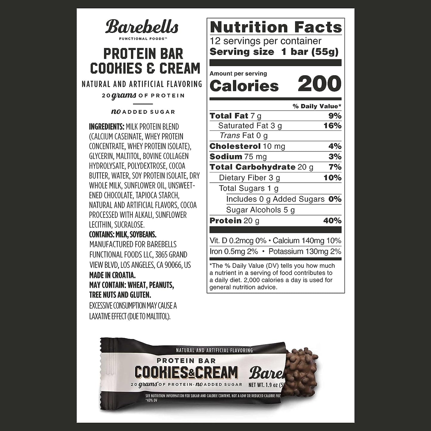 Barebells Protein Bars Cookies & Cream - 12 Count, 1.9oz Bars - Protein Snacks with 20g of High Protein - Chocolate Protein Bar with 1g of Total Sugars - On The Go Protein Snack & Breakfast Bars