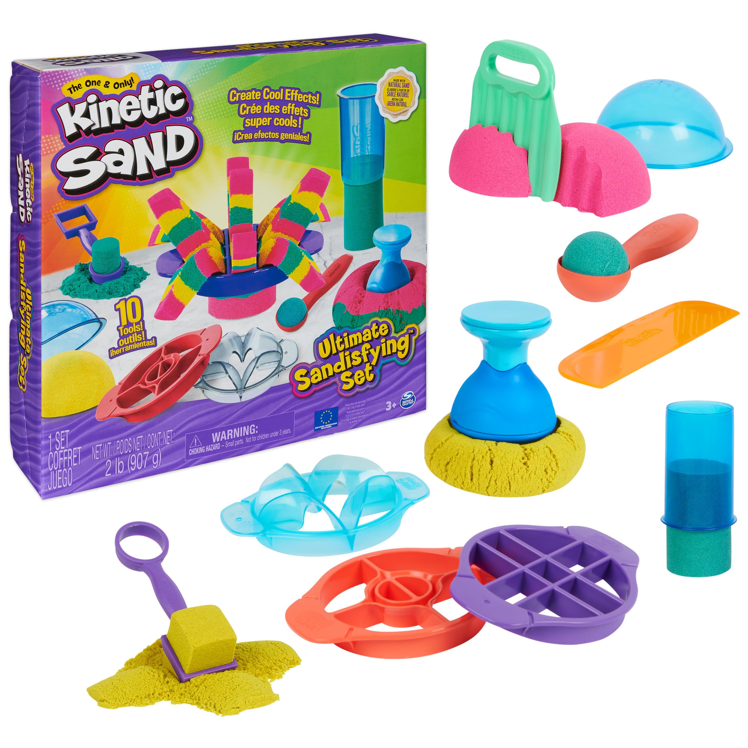 Kinetic Sand Ultimate Sandisfying Set, 2lb of Pink, Yellow and Teal Play Sand, 10 Molds and Tools, Sensory Toys, Christmas Gifts for Kids