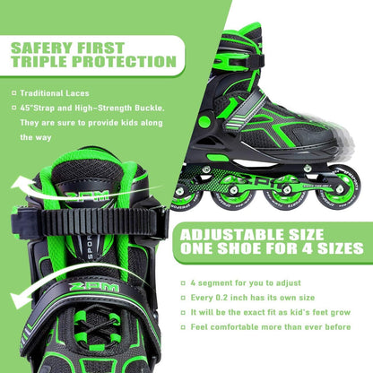 2PM SPORTS Torinx Green Boys Adjustable Inline Skates, Fun Beginner Roller Skates for Kids, Youth, Girls, Men and Women