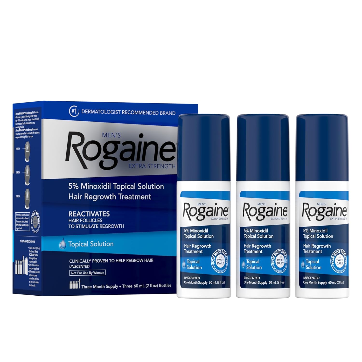 Men's Rogaine Extra Strength 5% Minoxidil Topical Solution for Thin Hair, Hair Loss Treatment to Regrow Fuller, Thicker Hair, 3-Month Supply, 3 x 2 fl. oz