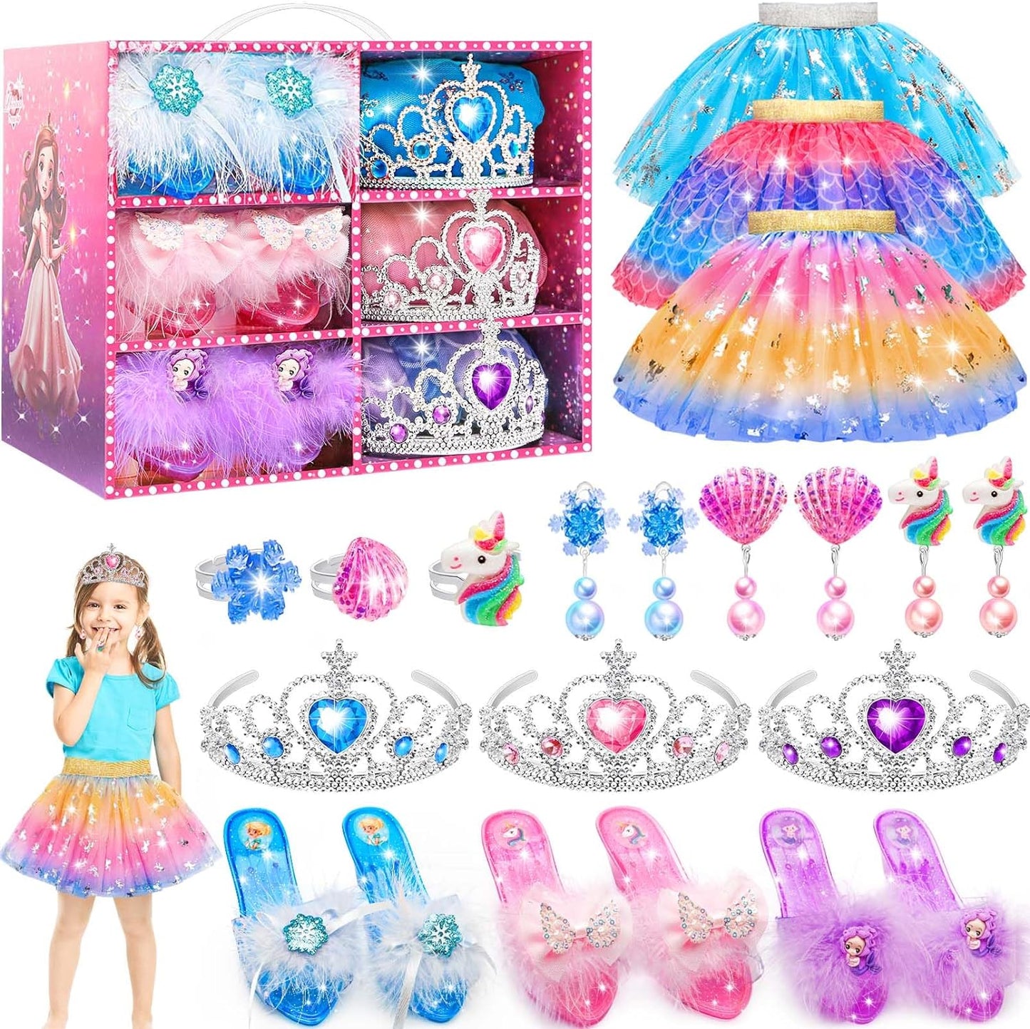 Toys for Girls,Princess Dresses for Girls,Unicorns Gifts for Girls,Princess Dress Up Clothes for Little Girls,Skirts,Princess Shoes,Crowns,Jewery,2 3 4 5 6 7 8 Year Old Girls Birthday Christmas Gifts