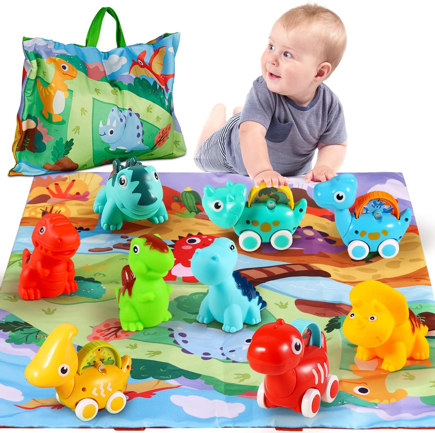 ALASOU 9 PCS Dinosaur Car Toys with Playmat/Storage Bag|1st Birthday Gifts for Toddler Toys Age 1-2|Baby Toys for 1 2 3 Year Old Boy|1 2 Year Old Boy Birthday Gift for Infant Toddlers