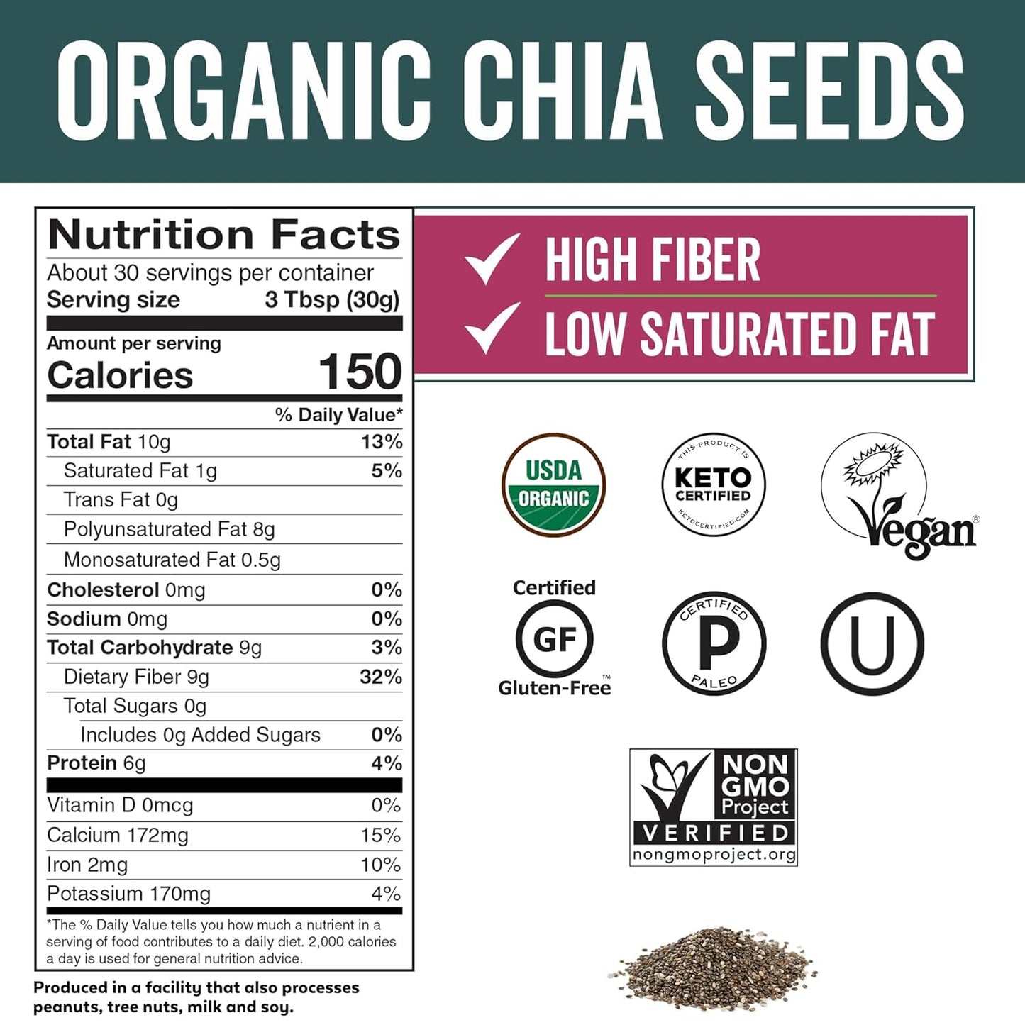 Viva Naturals Organic Chia Seeds - Plant-Based Omegas 3 and Vegan Protein, Perfect for Smoothies, Salads and Chia Puddings, Certified Non-GMO and USDA Organic, 2 lb (907 g)