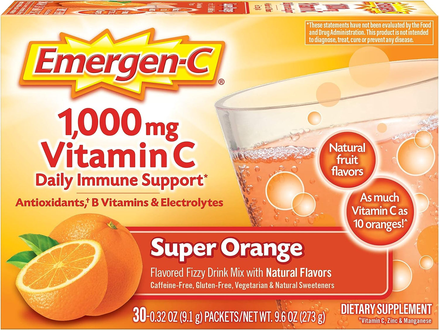 Emergen-C 1000mg Vitamin C Powder for Daily Immune Support Caffeine Free Vitamin C Supplements with Zinc and Manganese, B Vitamins and Electrolytes, Super Orange Flavor - 30 Count