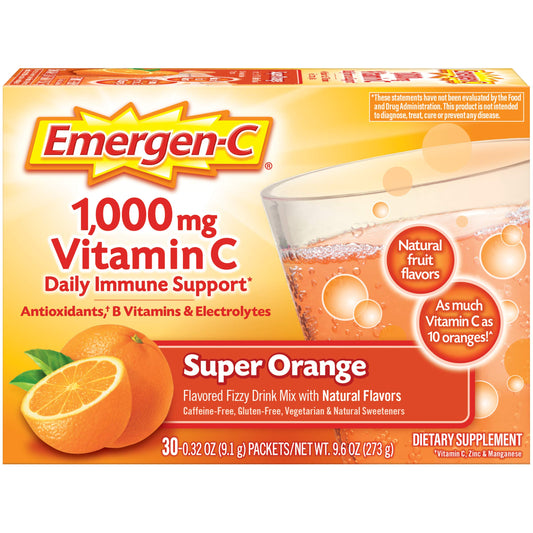 Emergen-C 1000mg Vitamin C Powder for Daily Immune Support Caffeine Free Vitamin C Supplements with Zinc and Manganese, B Vitamins and Electrolytes, Super Orange Flavor - 30 Count