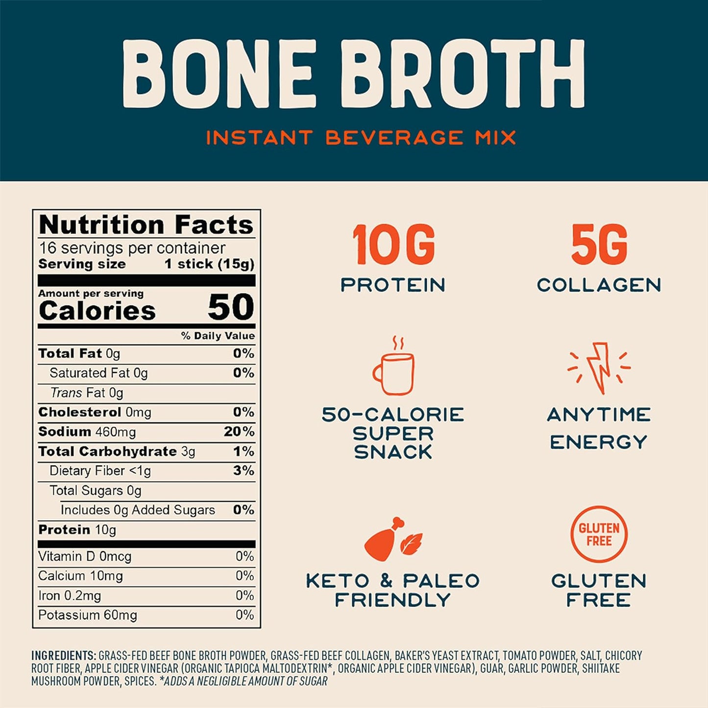 Bare Bones Bone Broth Instant Powdered Beverage Mix, Beef, Pack of 16, 15g Sticks, 10g Protein, Keto & Paleo Friendly