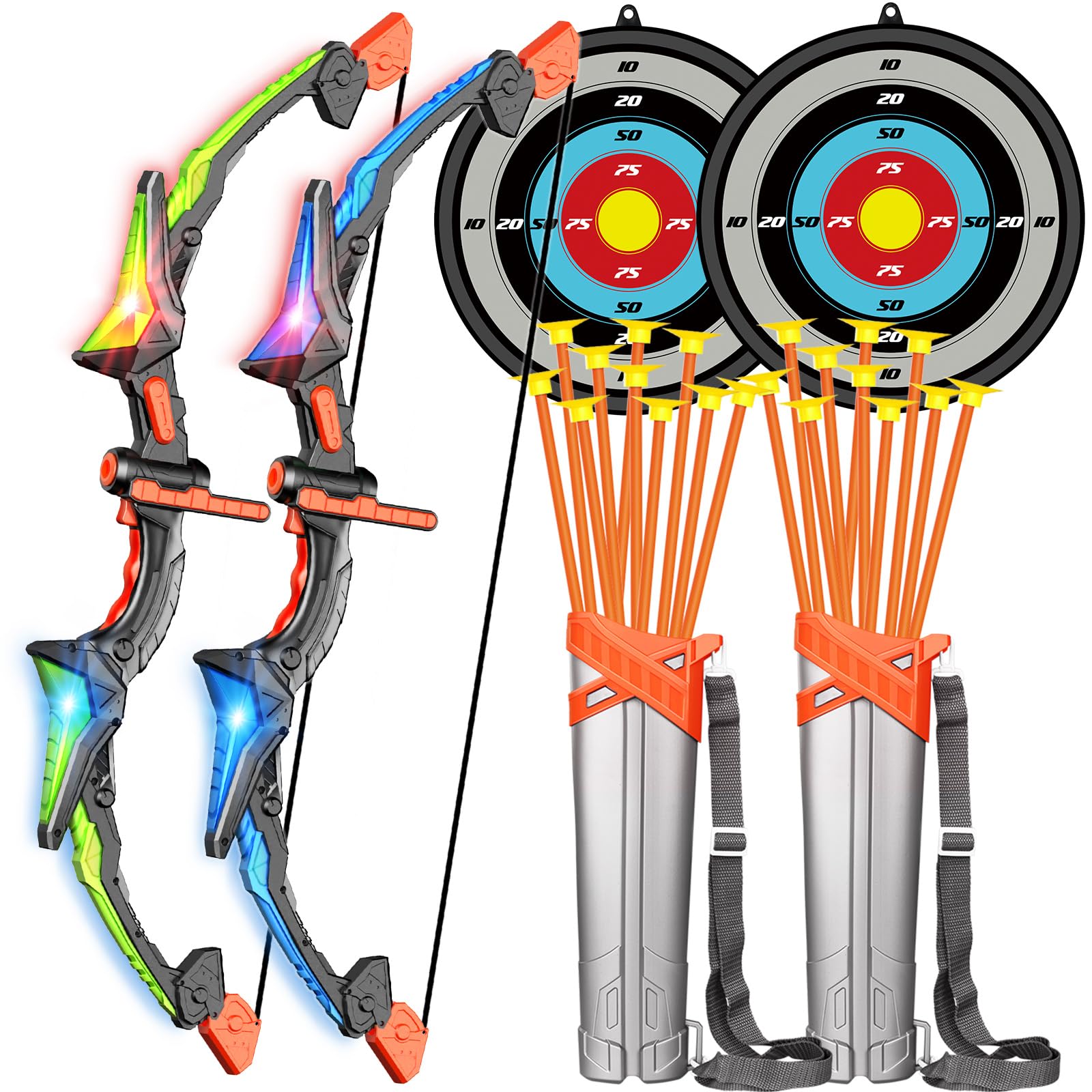 Bigdream Detachable Kids Bow and Arrow Toy 2 Sets, LED Light Up Archery Toys with Suction Cups Arrows, Outdoor Indoor Shooting Games Toys for Boys Grils Birthday Gifts
