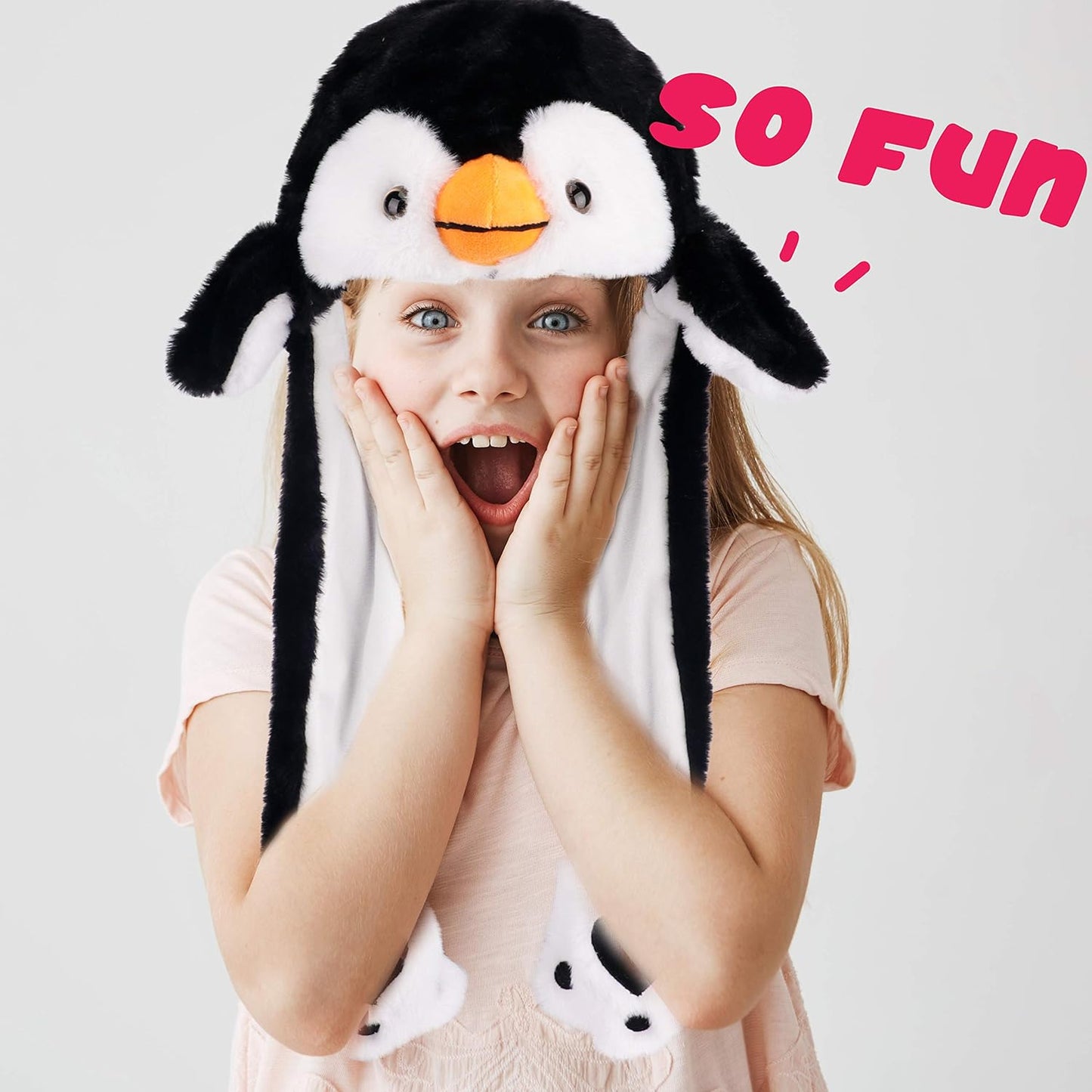 Hopearl Penguin Hat with Ears Moving Jumping Pop Up Beating Hat Plush Holiday Cosplay Dress Up Funny Gift for Kids Boys Girls, Black, 22''