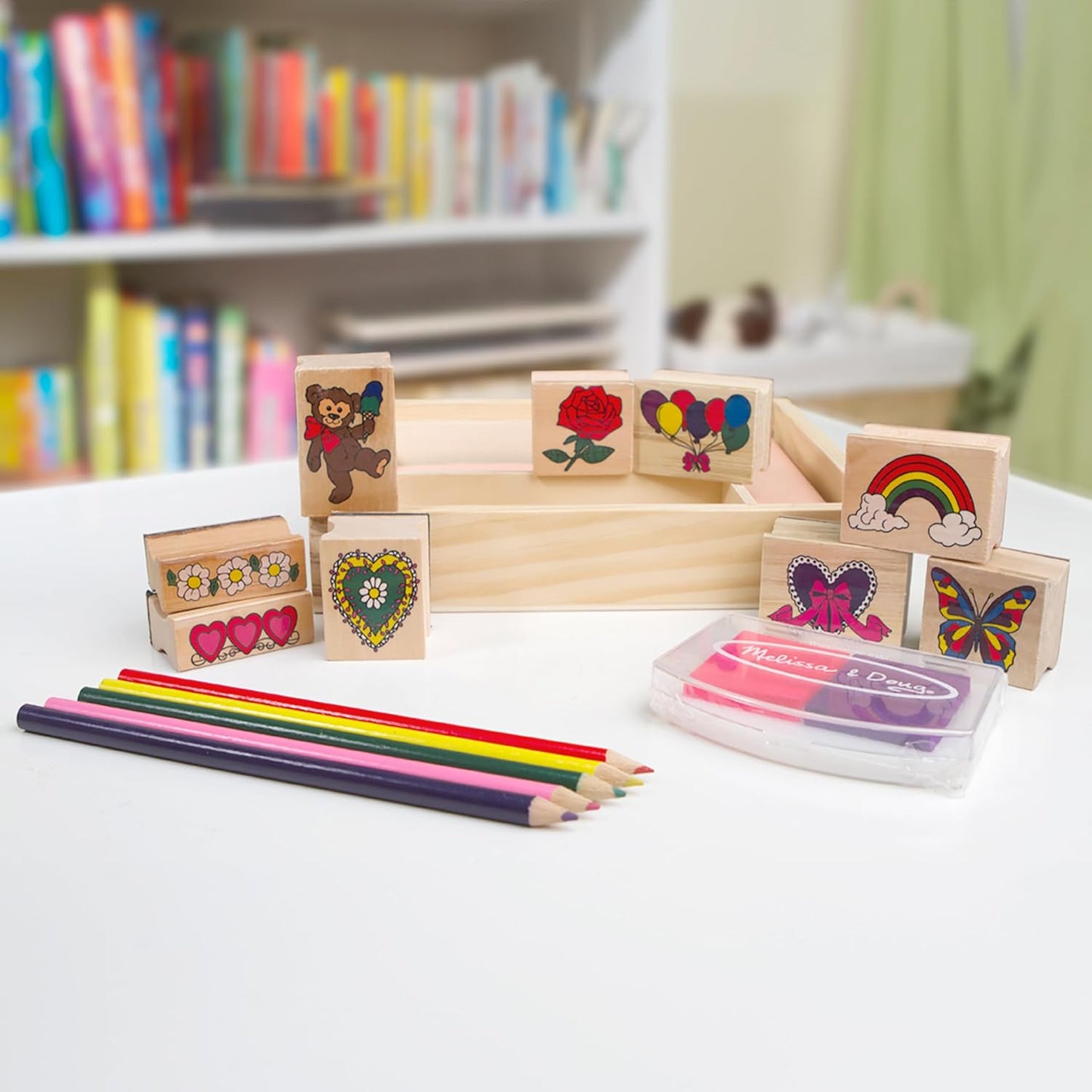 Melissa & Doug Wooden Stamp Set: Friendship - 9 Stamps, 5 Colored Pencils, and 2-Color Pad Kids Art Projects, Stamps With Washable Ink, Hearts Rainbows For Ages 4+