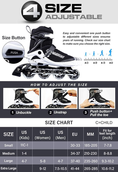 PAPAISON Adjustable Inline Skates for Kids and Adults with Full Light Up Wheels, Outdoor Roller Skates for Girls and Boys, Men and Women