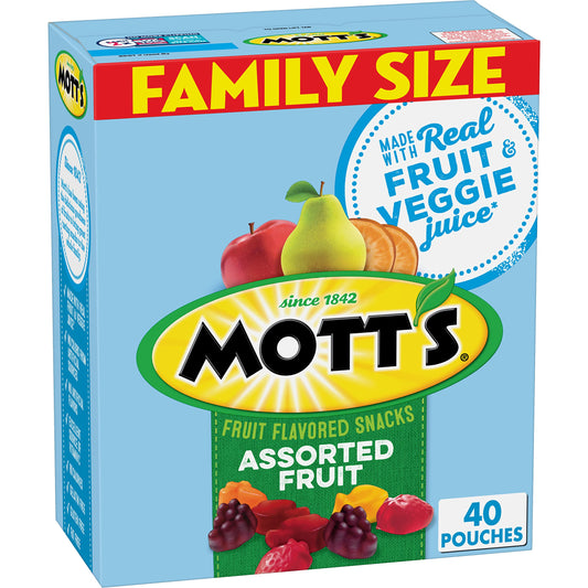 Mott's Fruit Flavored Snacks, Assorted Fruit, Pouches, 0.8 oz, 40 ct