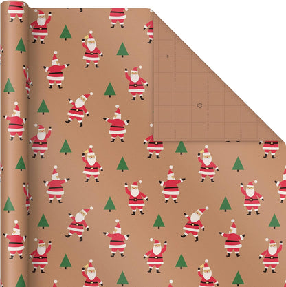 Hallmark Recyclable Christmas Wrapping Paper with Cut Lines on Reverse (3 Rolls: 90 sq. ft. ttl) Kraft Brown with Santas, Green Trees, Red Stripes