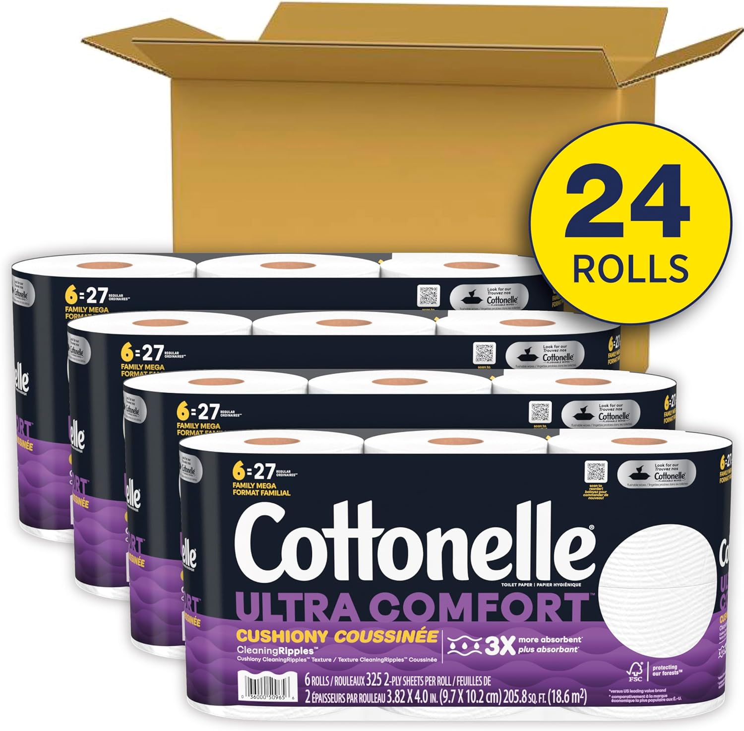 Cottonelle Ultra Comfort Toilet Paper with Cushiony CleaningRipples, 2-Ply, 24 Family Mega Rolls (4 Packs of 6) (24 Family Mega Rolls = 108 Regular Rolls), 325 Sheets per Roll, Packaging May Vary