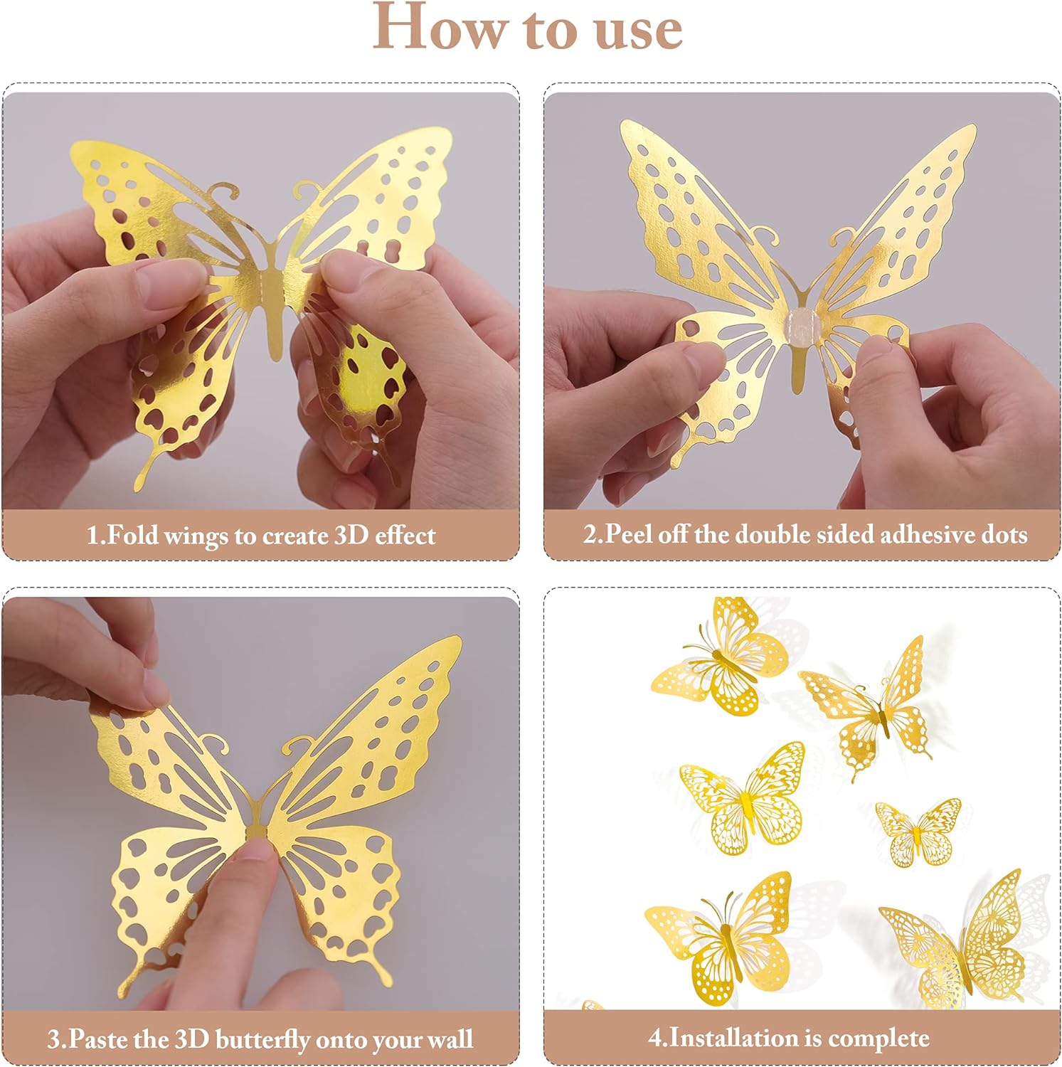 SAOROPEB 3D Butterfly Wall Decor 48 Pcs 4 Styles 3 Sizes, Gold Butterfly Decorations for Butterfly Birthday Decorations Butterfly Party Decorations Cake Decorations, Removable Stickers (Gold)