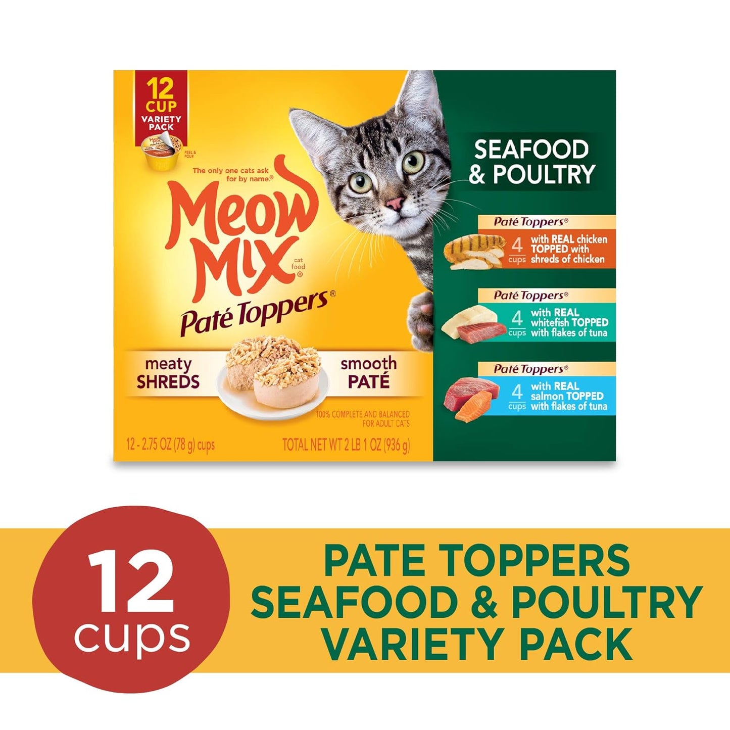 Meow Mix Paté & Shreds Wet Cat Food Variety Pack, Seafood & Poultry Favorites, 12 Cups, 2.75 Oz. Each