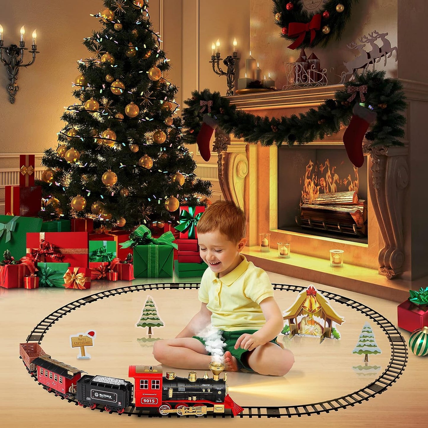 Hot Bee Train Set - Train Toys for Boys Girls w/Smokes, Lights & Sound, Tracks, Toy Train w/Steam Locomotive Engine, Cargo Cars & Tracks, Christmas Train Toys Gifts for 3 4 5 6 7 8+ Year Old Kids