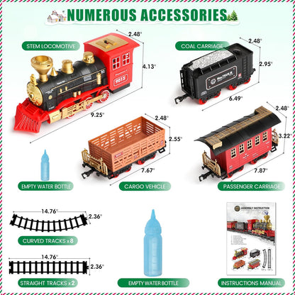 Hot Bee Train Set - Train Toys for Boys Girls w/Smokes, Lights & Sound, Tracks, Toy Train w/Steam Locomotive Engine, Cargo Cars & Tracks, Christmas Train Toys Gifts for 3 4 5 6 7 8+ Year Old Kids