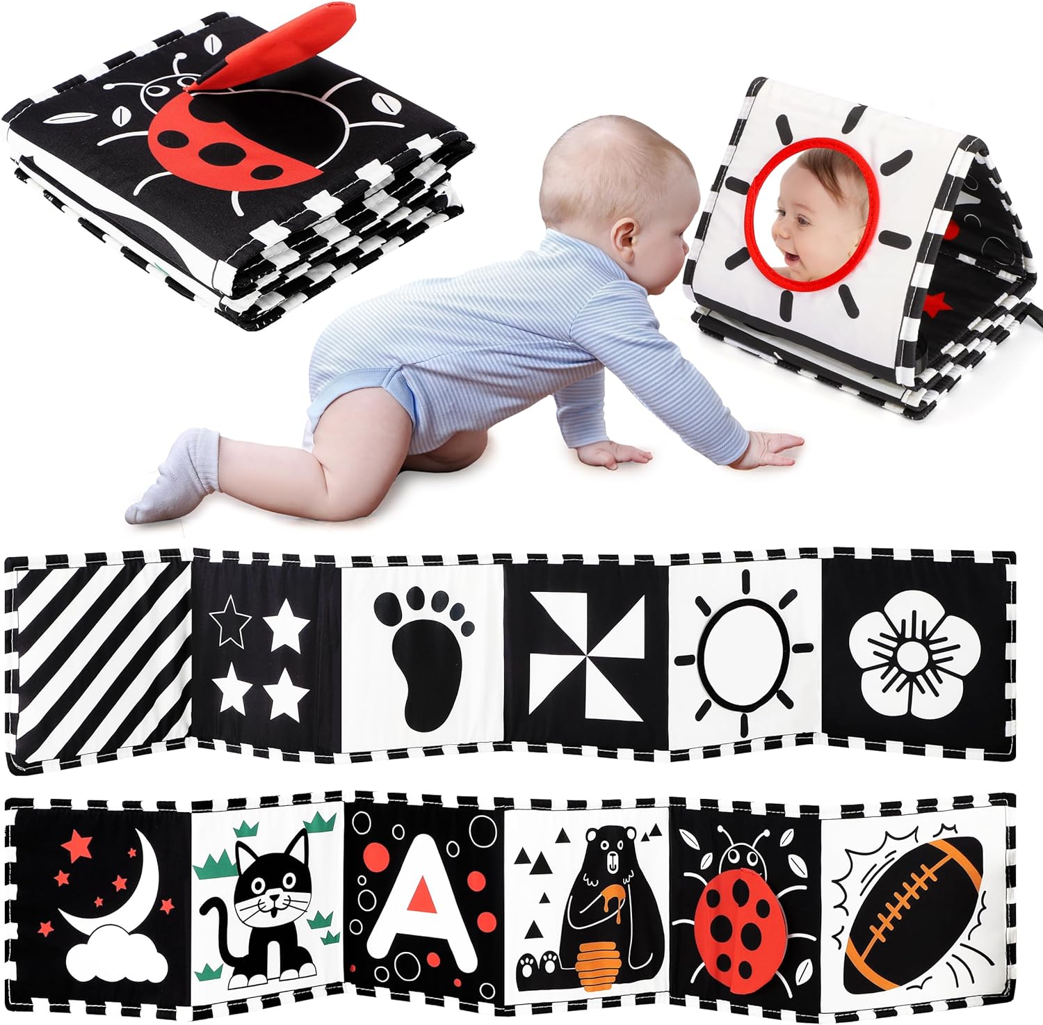 Black and White Baby Toys, High Contrast Newborn Toys 0-3 Months Brain Development, Tummy Time Toys, Soft Baby Book, Infant Sensory Crinkle Toys 0-6-12 Months Visual Stimulation Montessori Toy Gift