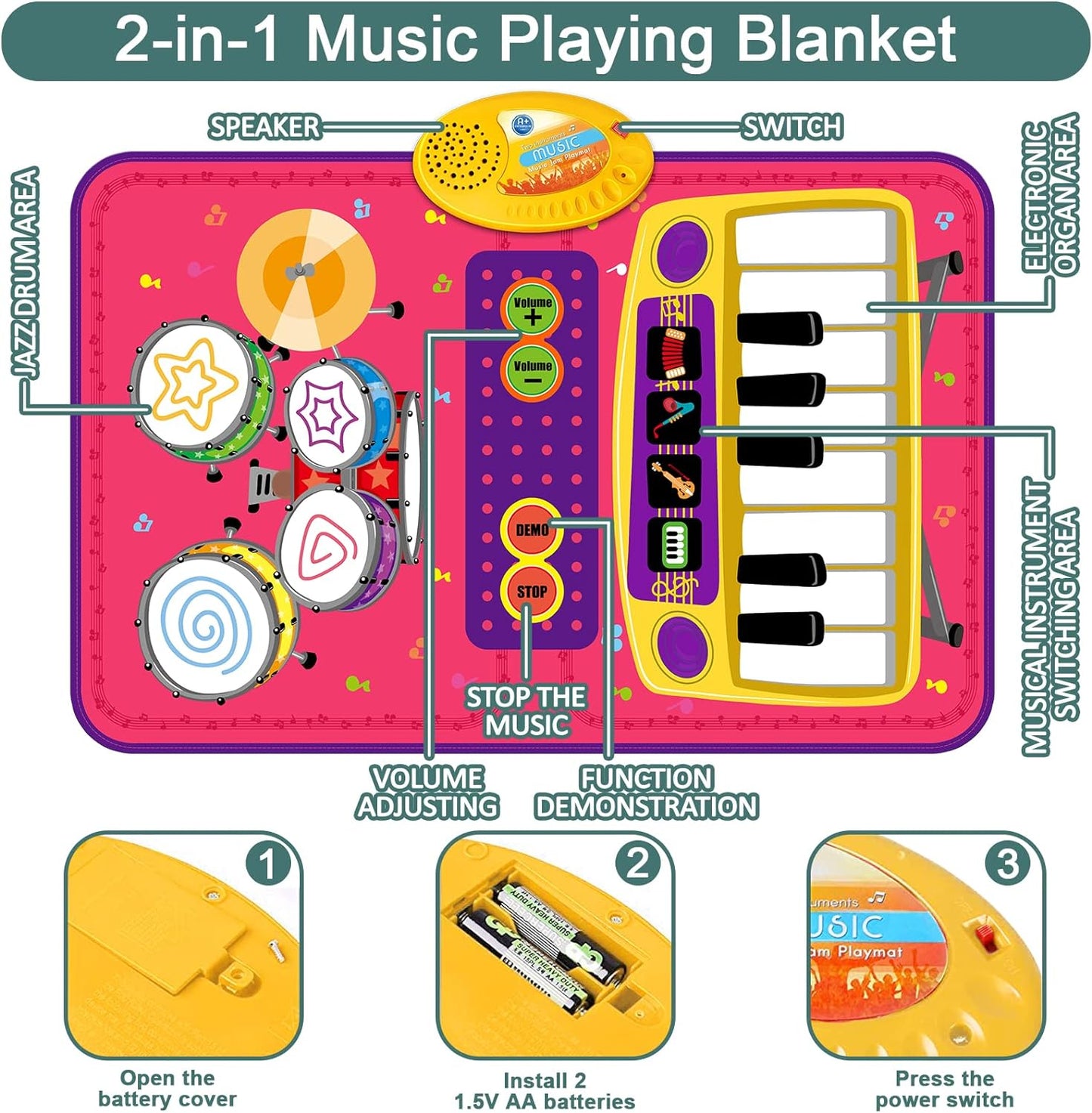 PRAGYM 1 Year Old Girl Gifts, Piano Mat Baby Toys for 1 Year Old Girl, 2 in 1 Toddler Music Mat with Keyboard & Drum, Early Educational Musical Toys First Birthday Gifts for 1 2 Year Old Girls & Boys