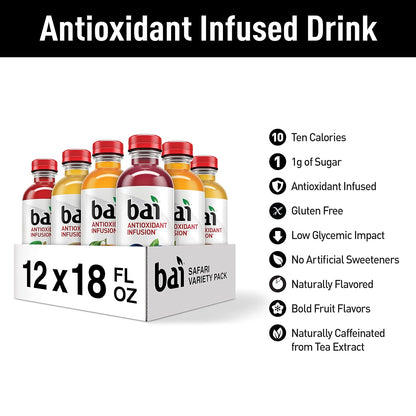 Bai Flavored Water, Safari Variety Pack, Antioxidant Infused Drinks, 3 Each of Brasilia Blueberry, Costa Rica Clementine, Malawi Mango, Zambia Bing Cherry,18 Fl Oz Bottles (Pack of 12)