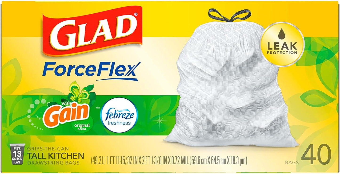 Glad ForceFlex Tall Kitchen Drawstring Trash Bags, 13 Gallon, Gain Original with Febreze 40 Ct