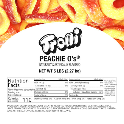 Trolli Peachie O's Sour Gummy Rings Candy, 5 Pound Bulk Bag