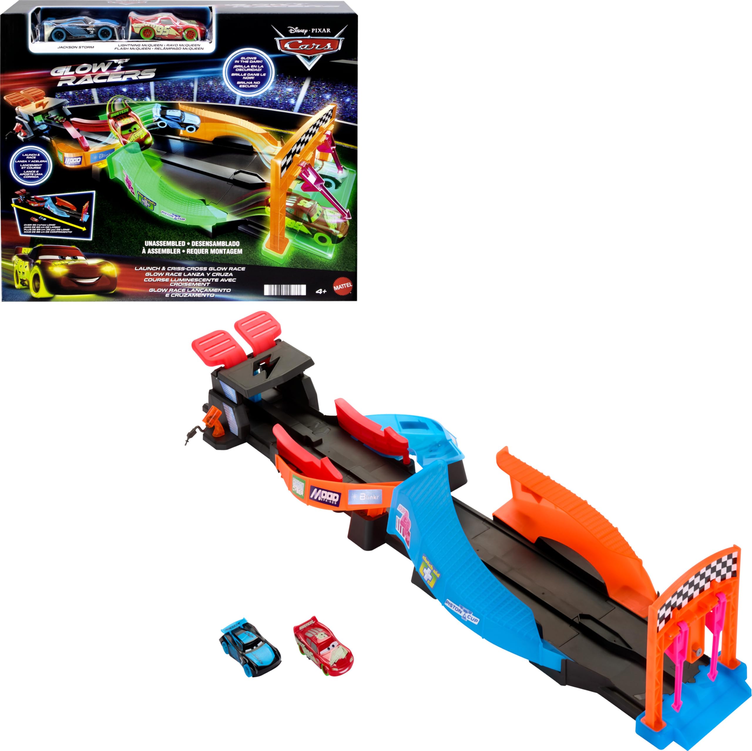 Mattel Disney Cars Toys Disney and Pixar Cars Glow Racers Launch ‘N Criss-Cross Playset with 2 Glow-in-the-Dark Toy Cars Including Lightning McQueen & Jackson Storm