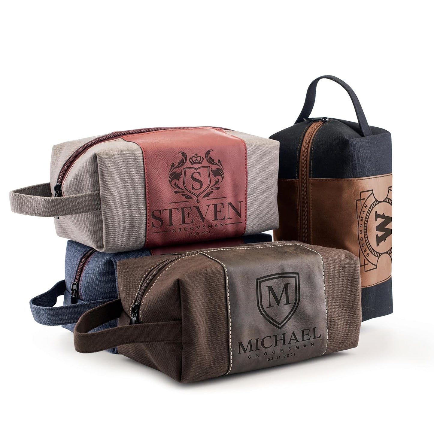 Toiletry Bag for Men Personalized, Laser Engraved Initial & Name on Leather, Custom 4 Canvas Colors - Gift for Husband, Dad, Boy Friend, Handcrafted Travel Bag, Waterproof Shaving Dopp Kit