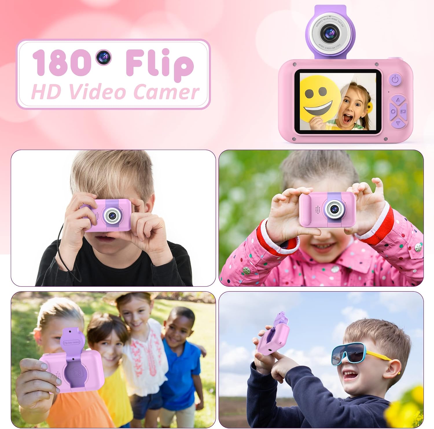 PURULU Kids Camera with 180° Flip-up Lens for Selfie & Video, HD Digital Video Cameras for Toddler with 32GB SD Card, Ideal for 3-8 Years Old Girls Boys on Birthday Christmas Party as Gift