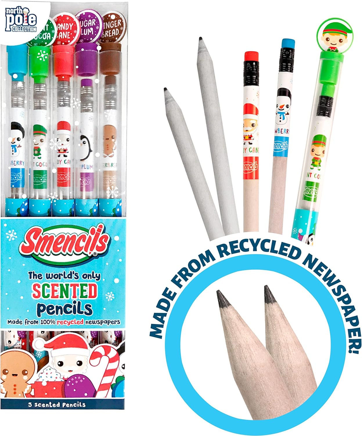 Holiday Smencils - HB #2 Scented Fun Pencils, 5 Count - Stocking Stuffer, Gifts for Kids, School Supplies, Party Favors, Classroom Rewards