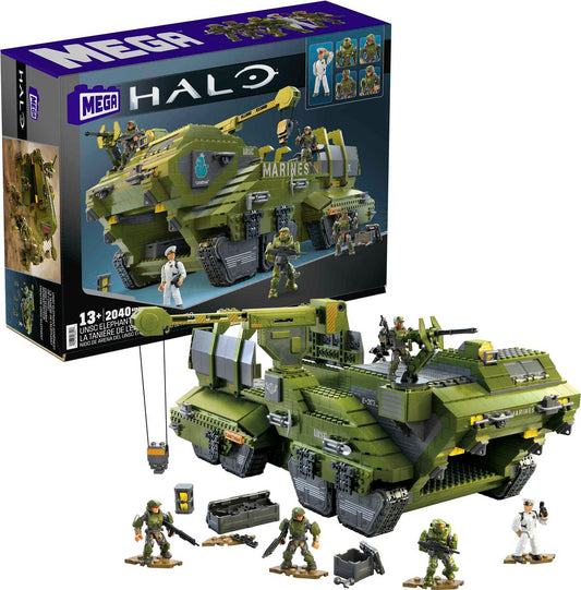 MEGA Halo Infinite Toys Building Set for Kids, Unsc Elephant Sandnest Tank with 2041 Pieces, 5 Poseable Micro Action Figures and Accessories