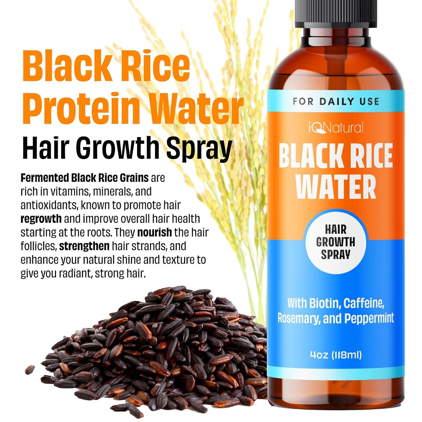 IQ Natural Rice Water for Hair Growth Spray, Rosemary Water Spray for Hair Growth, Rosemary Oil Black Rice Water Spray Hair Growth Women, Biotin Spray for Hair Growth, Hydrating Hair Mist - 4oz