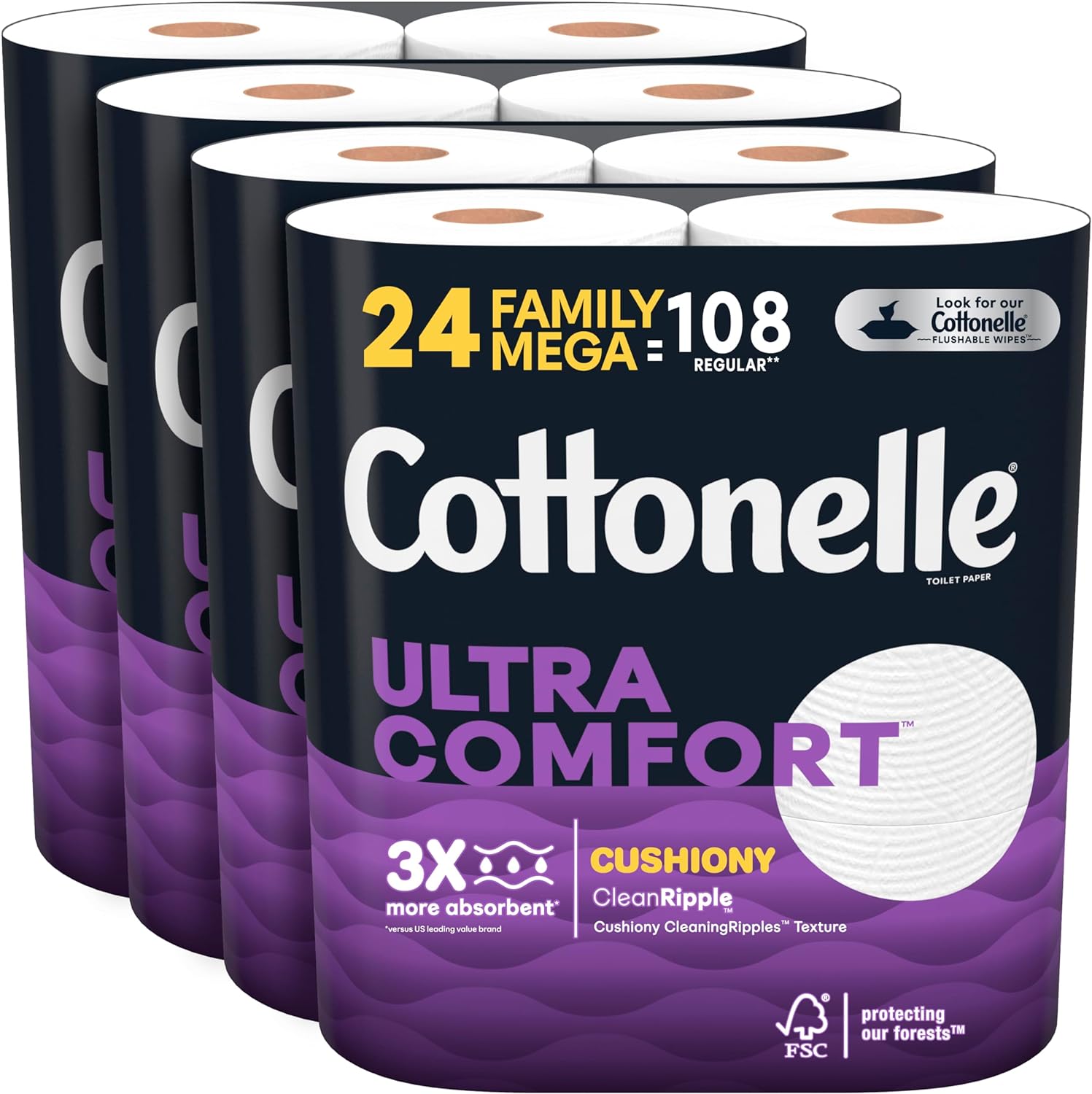 Cottonelle Ultra Comfort Toilet Paper with Cushiony CleaningRipples, 2-Ply, 24 Family Mega Rolls (4 Packs of 6) (24 Family Mega Rolls = 108 Regular Rolls), 325 Sheets per Roll, Packaging May Vary