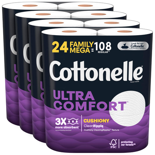 Cottonelle Ultra Comfort Toilet Paper with Cushiony CleaningRipples, 2-Ply, 24 Family Mega Rolls (4 Packs of 6) (24 Family Mega Rolls = 108 Regular Rolls), 325 Sheets per Roll, Packaging May Vary