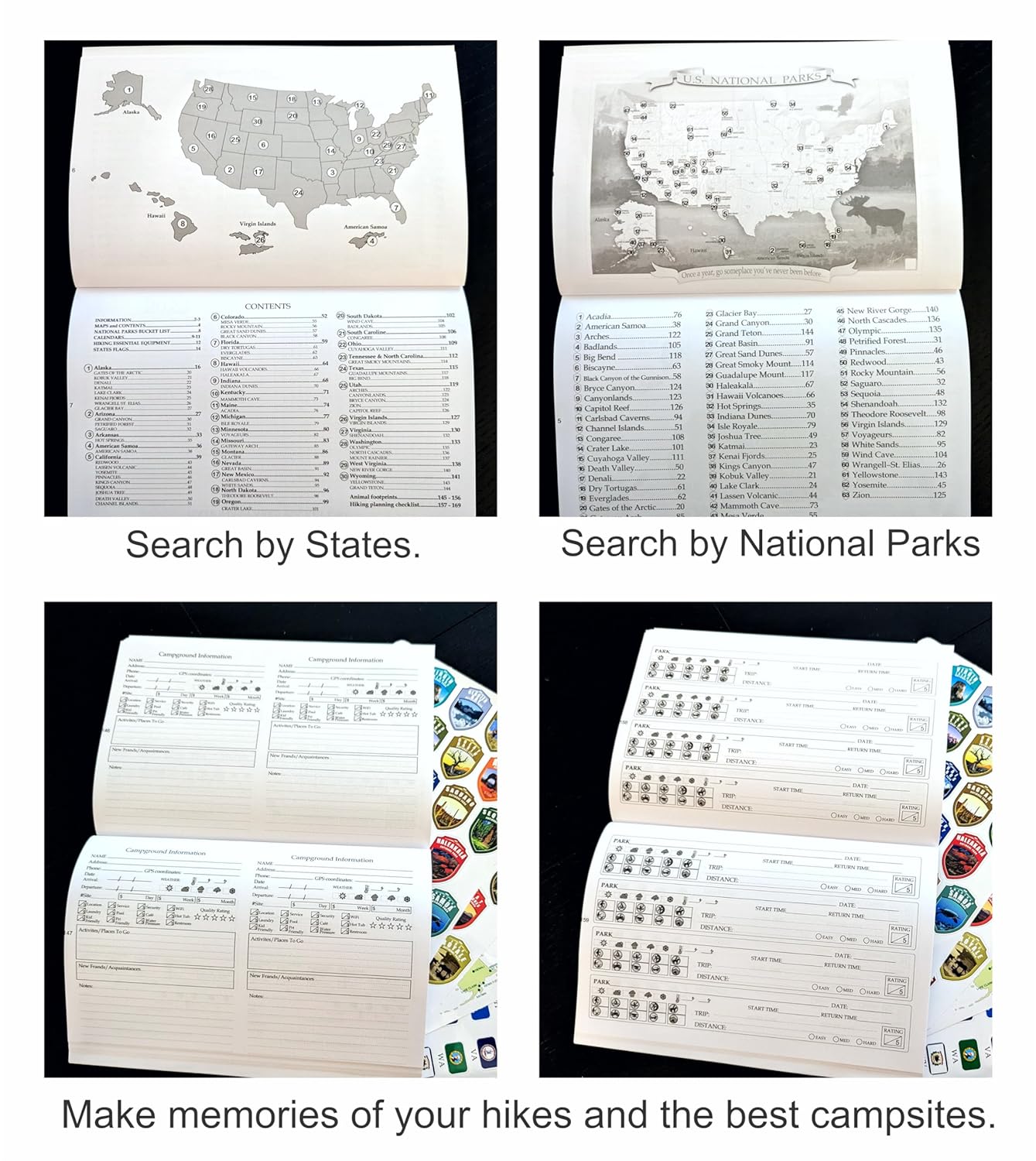 Adventures Go On. The book 2024 (170 pages) is a guide to the National Parks of the United States of America with complete stickers for all 63 US National Parks.