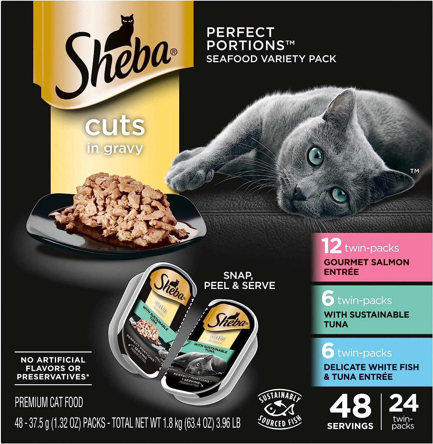 SHEBA PERFECT PORTIONS Cuts in Gravy Adult Wet Cat Food Trays (24 Count, 48 Servings), Gourmet Salmon, Sustainable Tuna, And Delicate Whitefish & Tuna Entrée, Easy Peel Twin-Pack