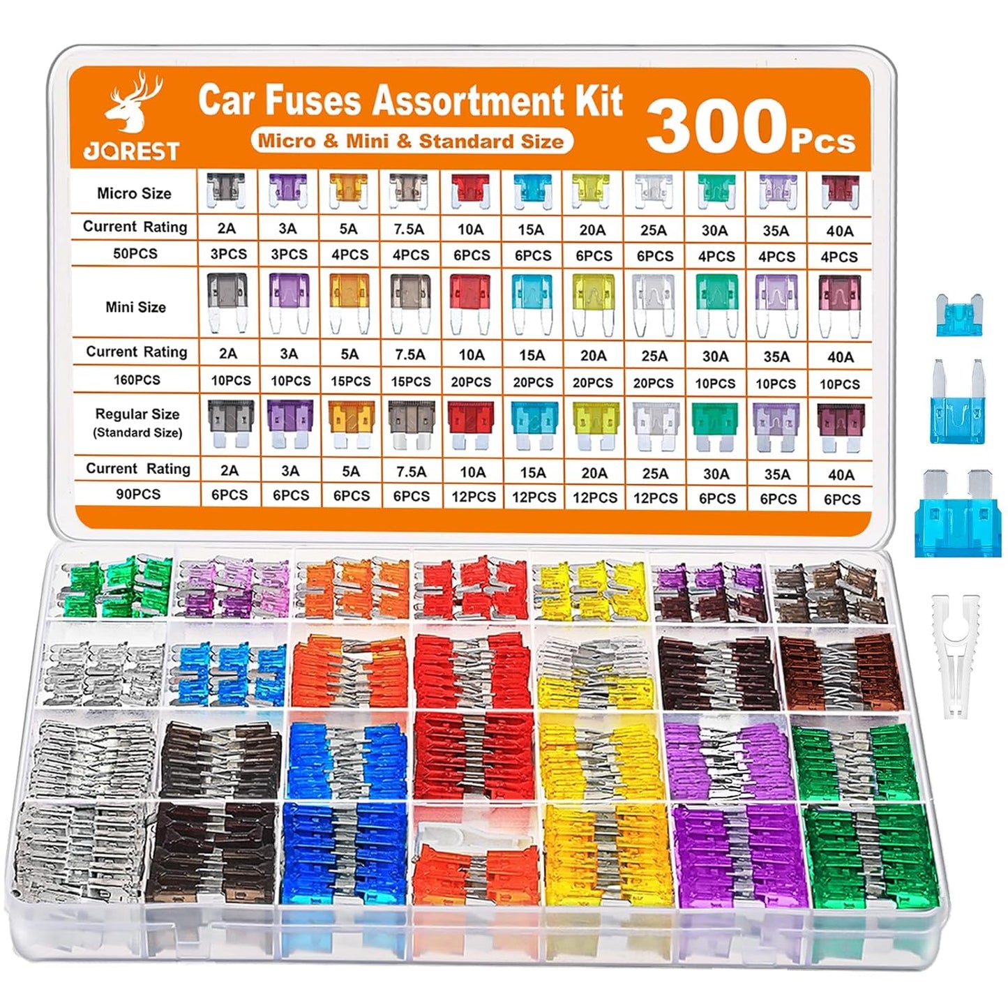 JOREST 300Pcs Car Fuse Assortment Kit, 160 Mini Blade Fuses Automotive + 90 Standard Auto Fuses + 50 Micro Fuse + Fuse Puller – for Car/RV/Truck/Motorcycle(2Amp 3A 5A 7.5A 10A 15A 20A 25A 30A 35A 40A)