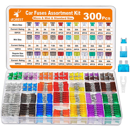 JOREST 300Pcs Car Fuse Assortment Kit, 160 Mini Blade Fuses Automotive + 90 Standard Auto Fuses + 50 Micro Fuse + Fuse Puller – for Car/RV/Truck/Motorcycle(2Amp 3A 5A 7.5A 10A 15A 20A 25A 30A 35A 40A)