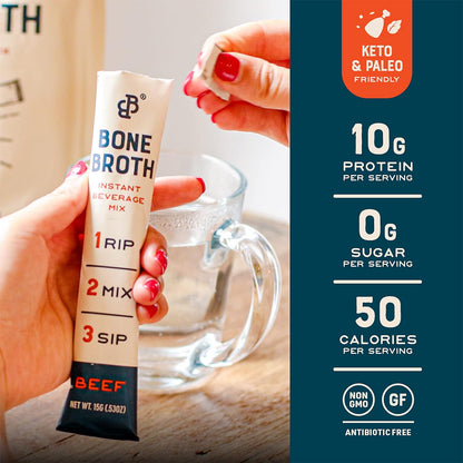 Bare Bones Bone Broth Instant Powdered Beverage Mix, Beef, Pack of 16, 15g Sticks, 10g Protein, Keto & Paleo Friendly