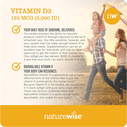 NatureWise Vitamin D3 5000iu (125 mcg) 1 Year Supply for Healthy Muscle Function, and Immune Support, Non-GMO, Gluten Free in Cold-Pressed Olive Oil, Packaging Vary ( Mini Softgel), 360 Count