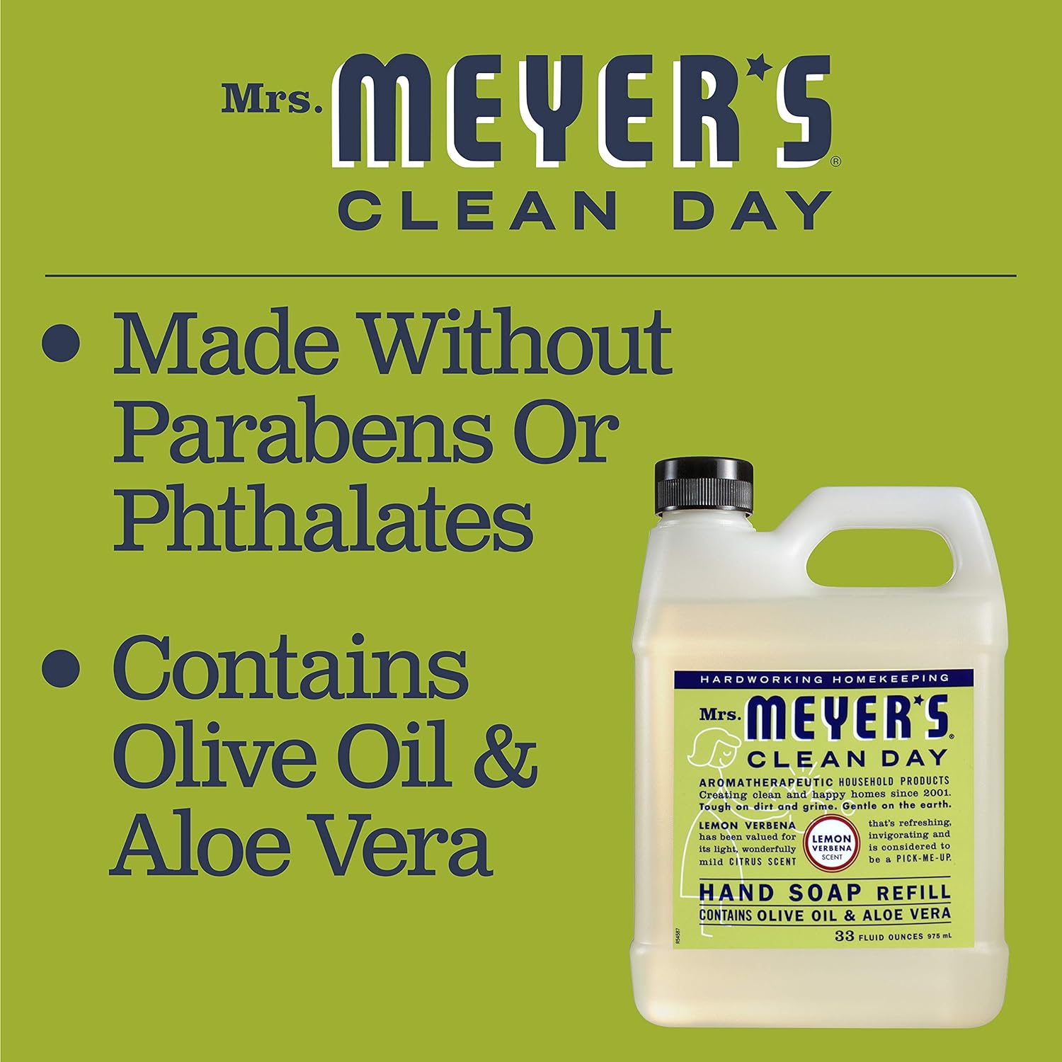 Mrs. Meyer's Clean Day Liquid Hand Soap Refill, Cruelty Free and Biodegradable Formula, Lemon Verbena Scent, 33 oz
